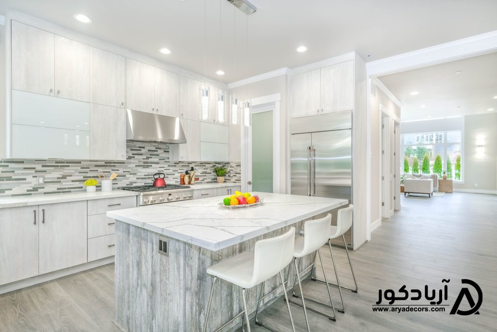 کابینت آشپزخانه تلفیقی هایگلاس و ام دی اف
